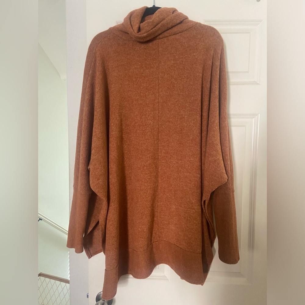 Zenana Outfitters Rust Brown Cozy Hooded Poncho Sweater